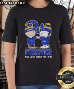 Cute Peanut Snoopy and Charlie Brown graphic on Pitt Panthers Forever tee for ladies, perfect for game day.