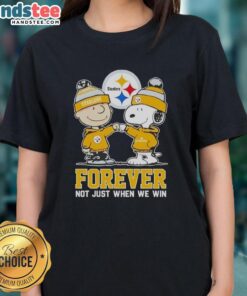 Cute Peanut Snoopy and Charlie Brown Pittsburgh Steelers Forever tee for ladies, perfect for fans celebrating all wins.
