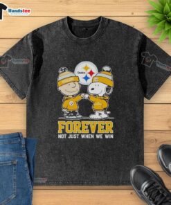 Alt Text: Cute Peanut Snoopy and Charlie Brown on a Pittsburgh Steelers t-shirt, celebrating fandom beyond just winning.
