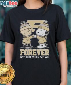 Cute Peanut Snoopy and Charlie Brown graphic on Purdue Boilermakers Forever ladies tee shirt, perfect for fans.