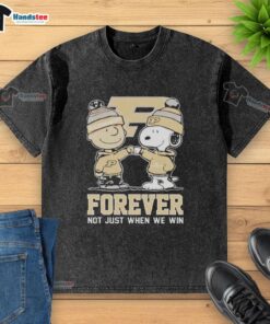Alt Text: Cute Peanut Snoopy and Charlie Brown on Purdue Boilermakers Forever T-shirt, perfect for fans year-round.