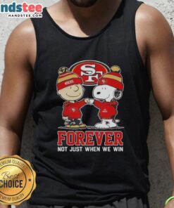 Alt Text: Cute Peanut Snoopy and Charlie Brown in a San Francisco 49ers tank top, celebrating fandom beyond just winning.