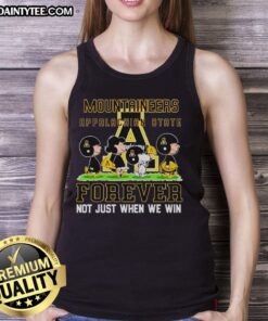 Alt Text: Cute Peanuts Appalachian State Mountaineers tank top with Forever Not Just When We Win slogan, perfect for fans.