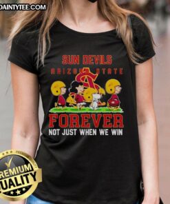 Adorable Arizona State Sun Devils ladies tee featuring 'Forever, Not Just When We Win' slogan and cute peanut graphics.