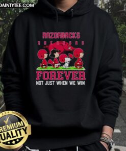 Cozy Arkansas Razorbacks hoodie featuring 'Forever, Not Just When We Win' design with cute peanuts theme.