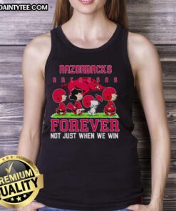 Cute Peanuts Arkansas Razorbacks Forever tank top, perfect for fans, showcasing team spirit and style.