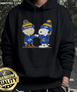 Alt Text: Cute Peanuts Charlie Brown and Snoopy fist bump in Los Angeles Rams football hoodie, perfect for fans.