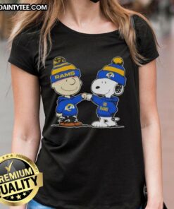 Alt Text: Cute Peanuts Charlie Brown and Snoopy fist bump in Los Angeles Rams football ladies tee, perfect for fans.
