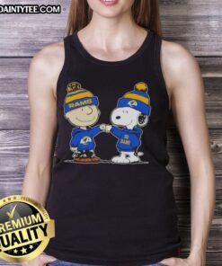 Charlie Brown and Snoopy fist bump on a cute Los Angeles Rams football tank top design.