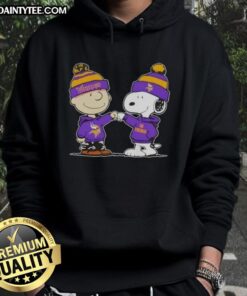 Cute Peanuts Charlie Brown and Snoopy fist bump in Minnesota Vikings football hoodie, perfect for fans and collectors.