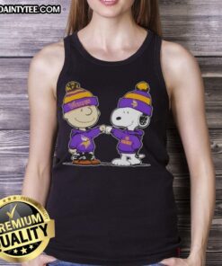 Alt Text: Cute Peanuts Charlie Brown fist bump with Snoopy in Minnesota Vikings football tank top design.