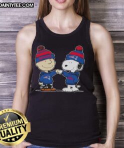 Cute Peanuts Charlie Brown fist bump with Snoopy on New England Patriots football tank top design.