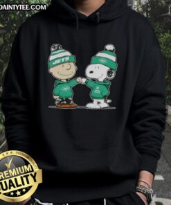 Cute Peanuts Charlie Brown and Snoopy fist bump in New York Jets football hoodie, showcasing team spirit and friendship.