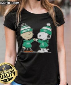 Cute Peanuts Charlie Brown and Snoopy fist bump in New York Jets football ladies tee, perfect for fans.