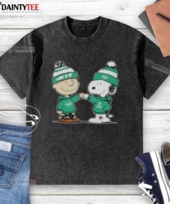 Alt Text: Cute Peanuts Charlie Brown fist bump with Snoopy in New York Jets football washed t-shirt design.