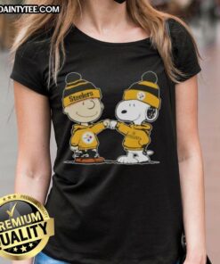 Alt Text: Cute Peanuts Charlie Brown and Snoopy fist bump in Pittsburgh Steelers football ladies tee design