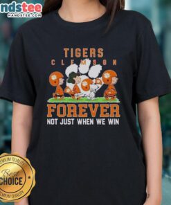 Cute Peanuts Clemson Tigers Forever tee for ladies, celebrating team spirit not just in victory, featuring vibrant design.