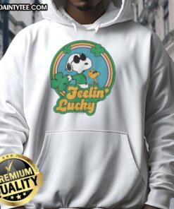 Alt Text: Cute Peanuts Shamrock Feeling Lucky Hoodie featuring Charlie Brown and friends in festive St. Patrick's Day design.