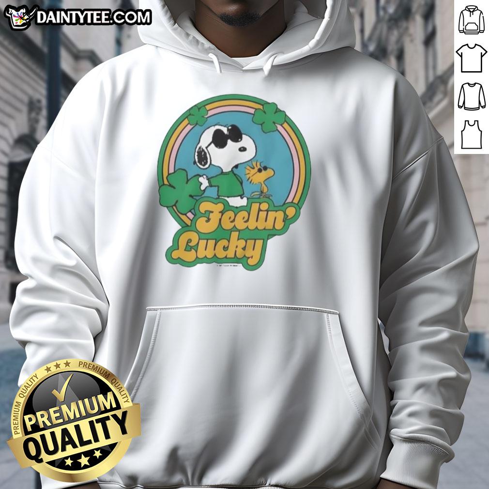cute-peanuts-shamrock-feeling-lucky-hoodie Alt Text: Cute Peanuts Shamrock Feeling Lucky Hoodie featuring Charlie Brown and friends in festive St. Patrick's Day design.