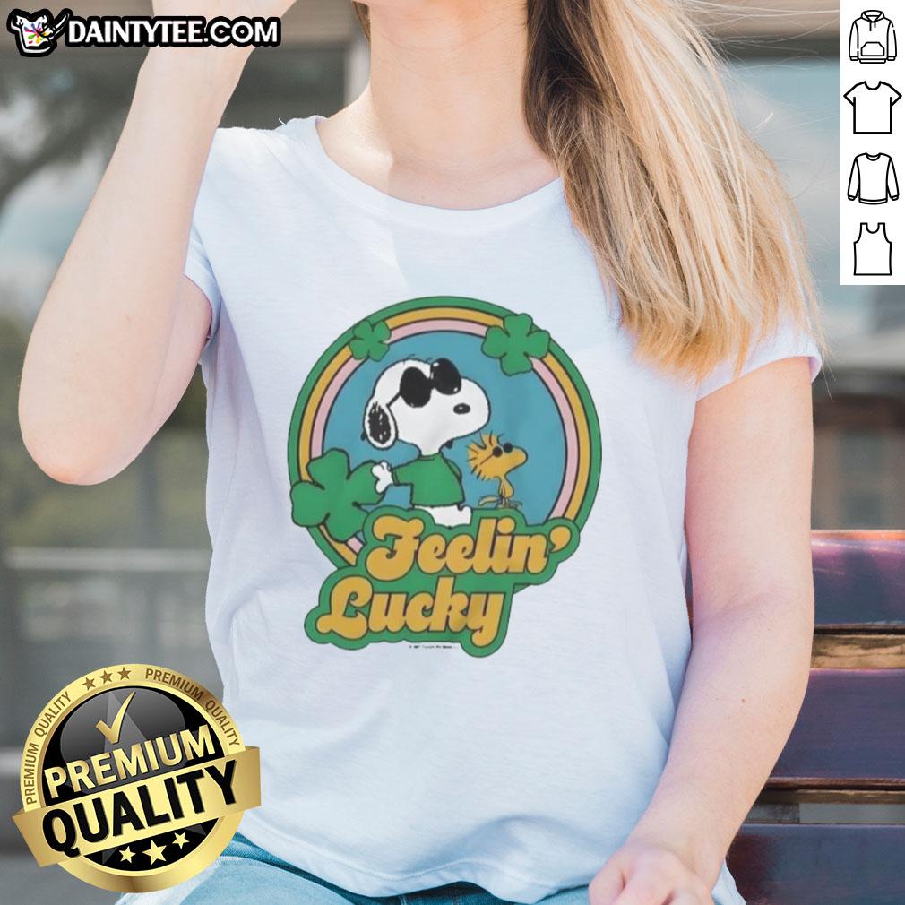 cute-peanuts-shamrock-feeling-lucky-ladies-tee Alt Text: Cute Peanuts Shamrock Feeling Lucky Ladies Tee featuring playful design and vibrant colors for St. Patrick's Day.