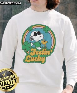 Cute Peanuts Shamrock Feeling Lucky Sweatshirt featuring Charlie Brown and friends celebrating St. Patrick's Day.