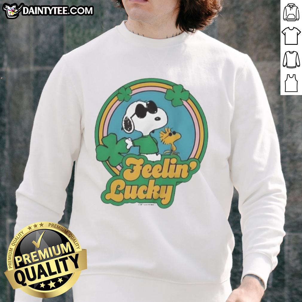 cute-peanuts-shamrock-feeling-lucky-sweatshirt Cute Peanuts Shamrock Feeling Lucky Sweatshirt featuring Charlie Brown and friends celebrating St. Patrick's Day.