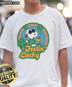 Alt Text: Cute Peanuts Shamrock Feeling Lucky T-Shirt featuring Charlie Brown and friends in festive St. Patrick's Day design.