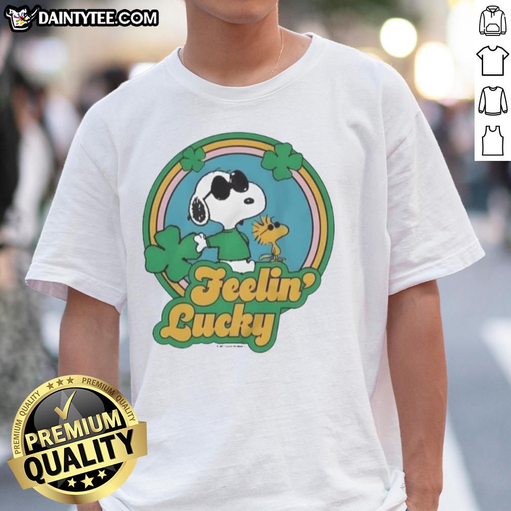 cute-peanuts-shamrock-feeling-lucky-t-shirt Alt Text: Cute Peanuts Shamrock Feeling Lucky T-Shirt featuring Charlie Brown and friends in festive St. Patrick's Day design.