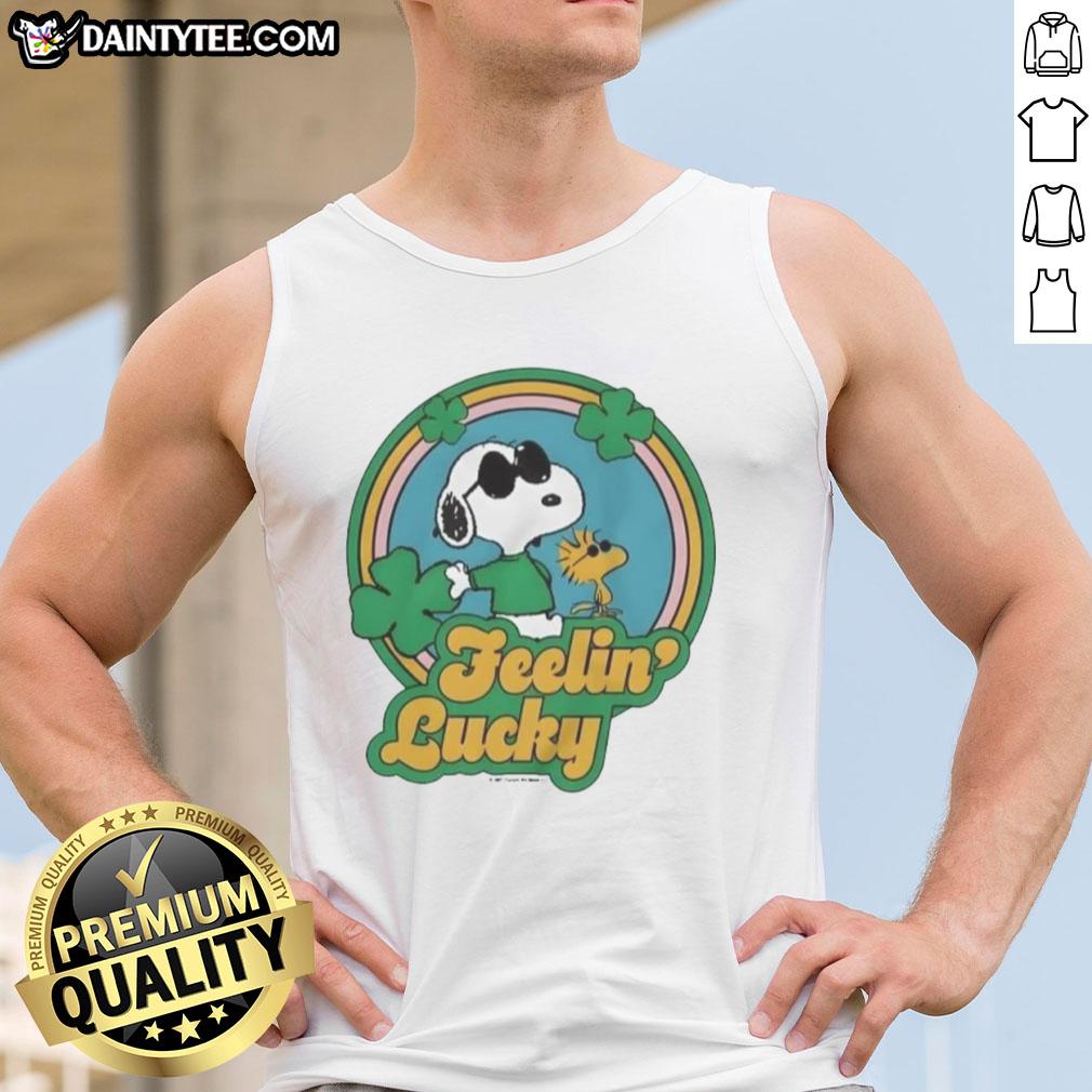 cute-peanuts-shamrock-feeling-lucky-tank-top Cute Peanuts shamrock 'Feeling Lucky' tank top featuring Charlie Brown and friends in festive green design.