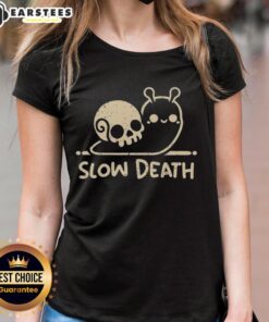 Alt Text: Cute Slow Death Snail Skull Ladies Tee featuring a whimsical snail design with a playful skull motif. Perfect for casual wear.