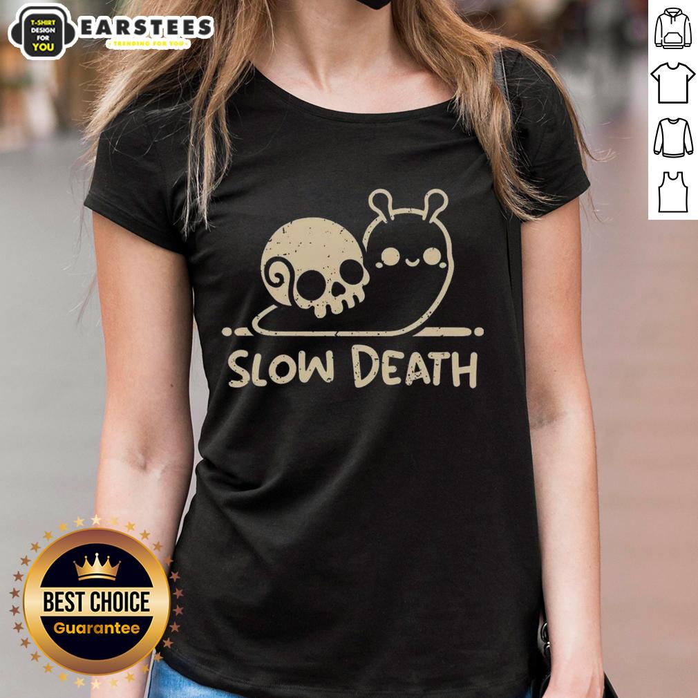 cute-slow-death-snail-skull-ladies-tee Alt Text: Cute Slow Death Snail Skull Ladies Tee featuring a whimsical snail design with a playful skull motif. Perfect for casual wear.