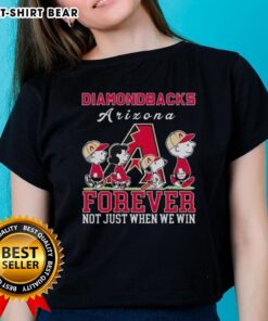 Alt Text: Cute Snoopy and Charlie Brown Arizona Diamondbacks baseball tee for ladies, celebrating fandom beyond just winning.
