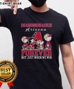 Alt Text: Cute Snoopy and Charlie Brown Arizona Diamondbacks baseball t-shirt design: 'Forever, Not Just When We Win.'