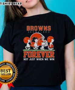 Alt Text: Cute Snoopy and Charlie Brown Cleveland Browns Forever tee for ladies, showcasing team spirit beyond just winning.
