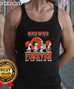 Alt Text: Cute Snoopy and Charlie Brown tank top celebrating Cleveland Browns fandom, Forever, not just when we win.