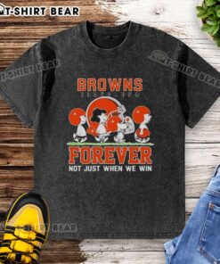 Alt Text: Cute Snoopy and Charlie Brown on a Cleveland Browns t-shirt, embodying the spirit of fandom, Forever, Not Just When We Win.