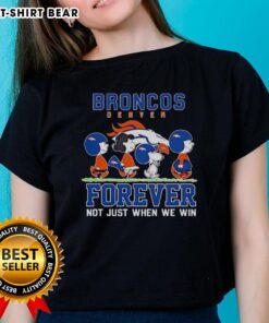 Adorable Snoopy and Charlie Brown graphic on Denver Broncos 'Forever Not Just When We Win' ladies tee shirt.