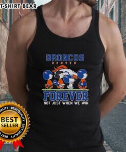 Alt Text: Cute Snoopy and Charlie Brown tank top featuring Denver Broncos design, ideal for fans celebrating all seasons.