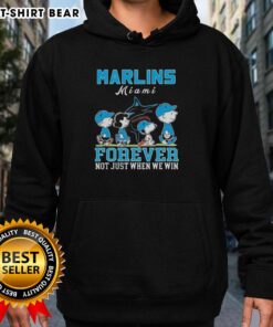 Cute Snoopy and Charlie Brown hoodie with Miami Marlins logo, 'Baseball Forever Not Just When We Win' slogan.