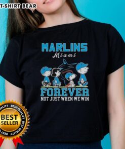 Cute Snoopy and Charlie Brown on Miami Marlins baseball tee, celebrating fans' loyalty: 'Forever, Not Just When We Win.'