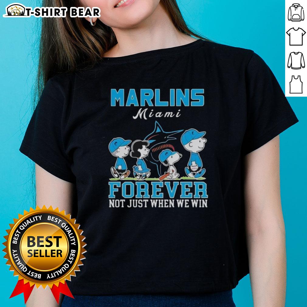 Cute Snoopy And Charlie Brown Miami Marlins Baseball Forever Not Just When We Win Ladies-Tee Cute Snoopy and Charlie Brown on Miami Marlins baseball tee, celebrating fans' loyalty: 'Forever, Not Just When We Win.'