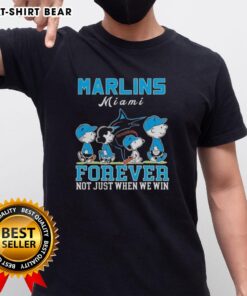 Alt Text: Cute Snoopy and Charlie Brown Miami Marlins baseball forever t-shirt design, perfect for fans not just when we win.