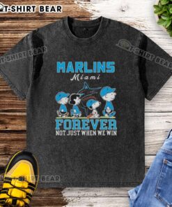 Cute Snoopy and Charlie Brown Miami Marlins baseball t-shirt with 'Forever, Not Just When We Win' slogan.