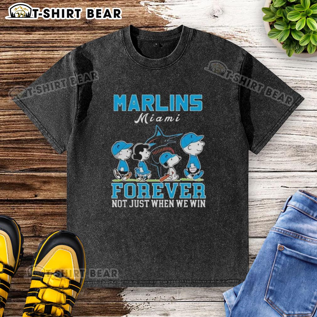 Cute Snoopy And Charlie Brown Miami Marlins Baseball Forever Not Just When We Win Washed T-Shirt Cute Snoopy and Charlie Brown Miami Marlins baseball t-shirt with 'Forever, Not Just When We Win' slogan.