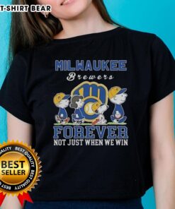 Cute Snoopy and Charlie Brown on a Milwaukee Brewers baseball tee, celebrating fandom forever, not just when we win.