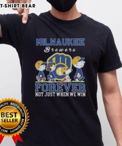 Alt Text: Cute Snoopy and Charlie Brown on Milwaukee Brewers baseball t-shirt, celebrating fandom forever, not just winning.