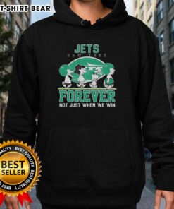 Cute Snoopy and Charlie Brown in New York Jets hoodie, celebrating team spirit with 'Forever, Not Just When We Win' slogan.
