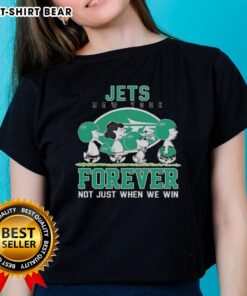 Alt Text: Cute Snoopy and Charlie Brown New York Jets Forever Tee for ladies, celebrating loyalty beyond winning.