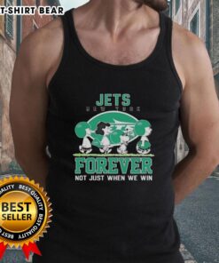 Cute Snoopy and Charlie Brown tank top for New York Jets fans, featuring 'Forever, Not Just When We Win' slogan.