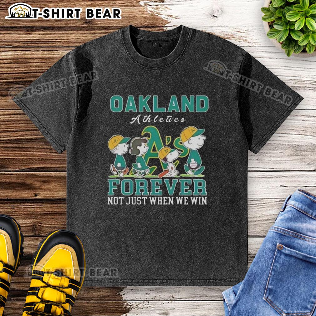Cute Snoopy And Charlie Brown Oakland Athletics Baseball Forever Not Just When We Win Washed T-Shirt Cute Snoopy and Charlie Brown on Oakland Athletics Forever t-shirt, celebrating baseball spirit beyond just winning.